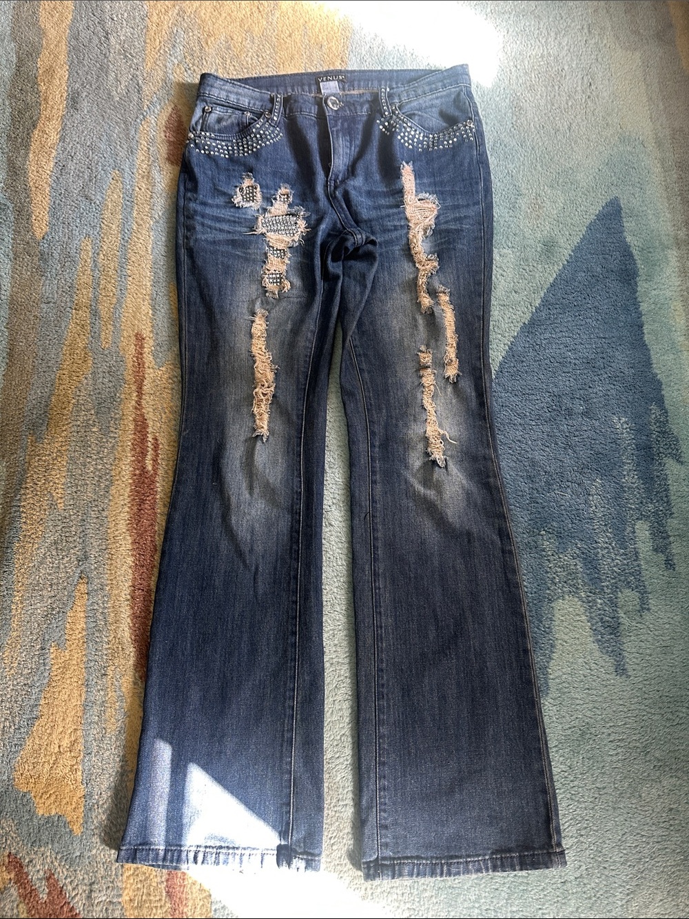 VENUS Dark Blue Distressed Flare Jeans with Studded Pockets